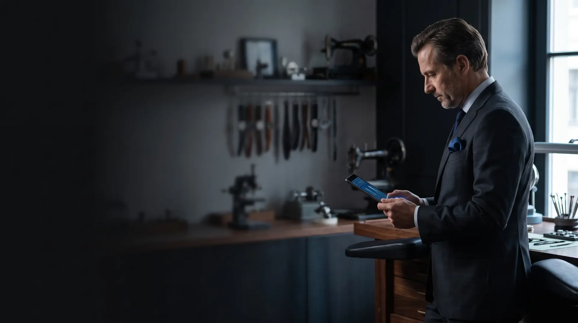 A man reviewing details on his phone in a watchmaker's atelier