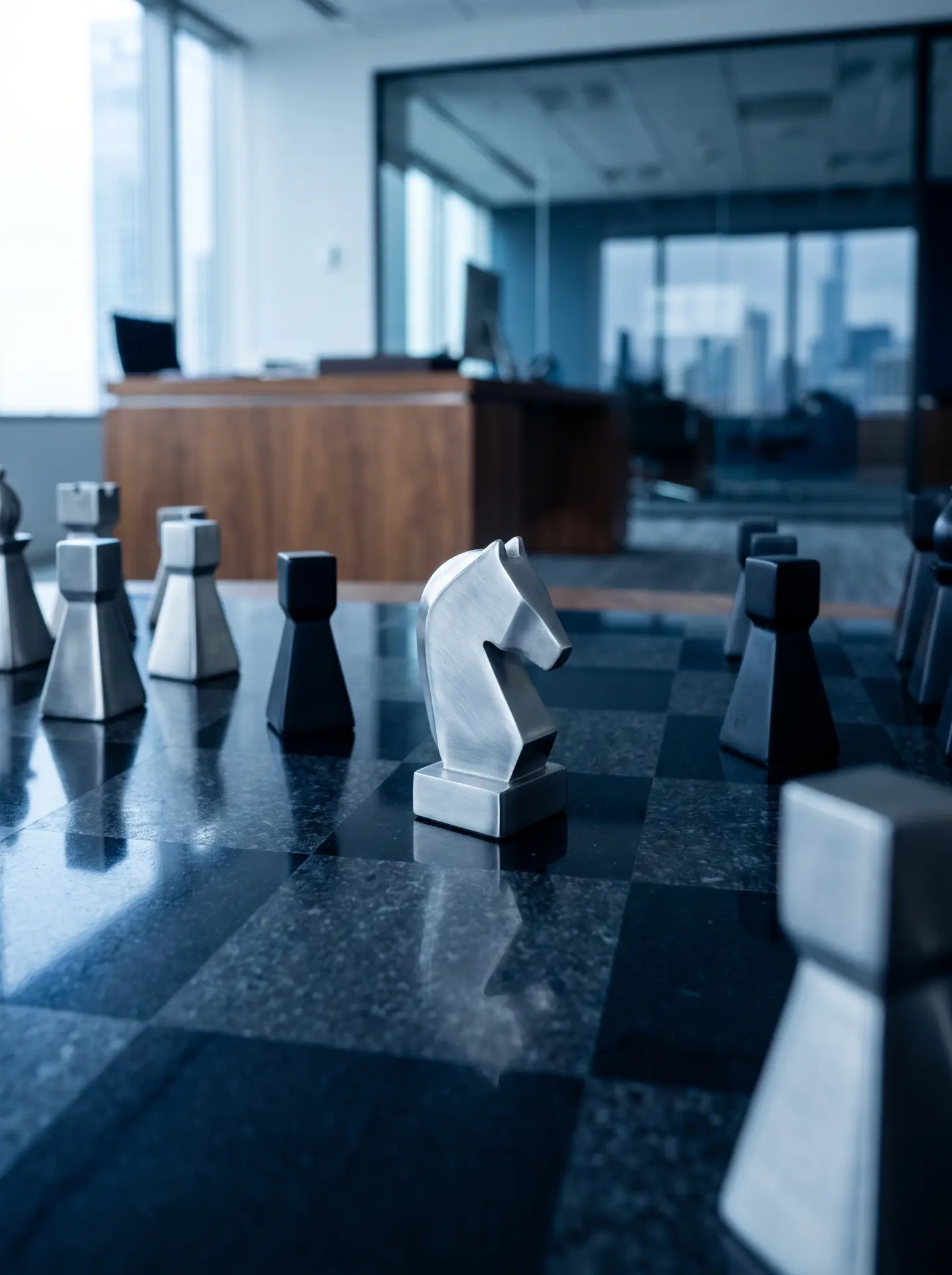Metal knight on a chessboard in a modern office