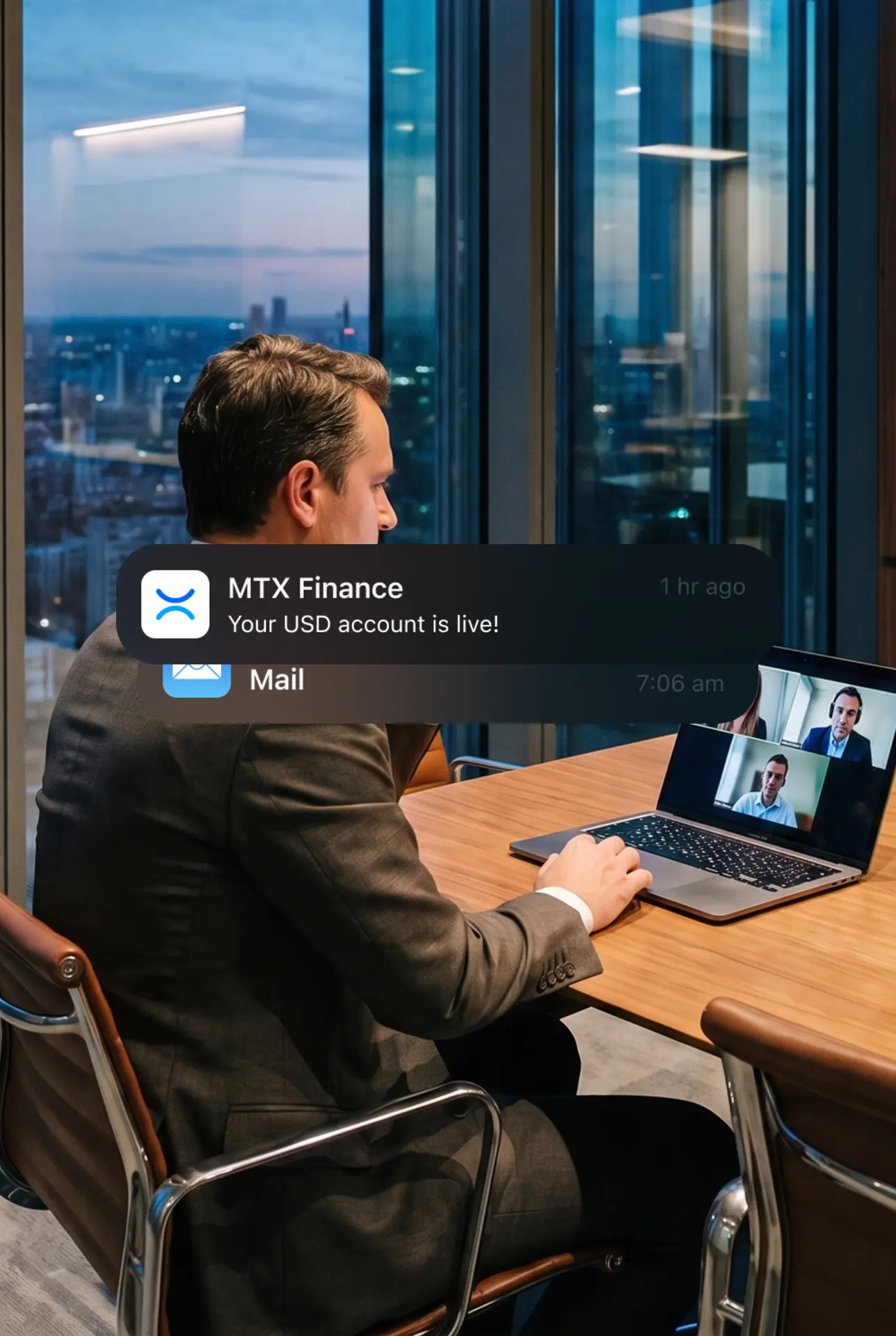 A businessman on a video call at his desk with an MTX Finance notification on screen