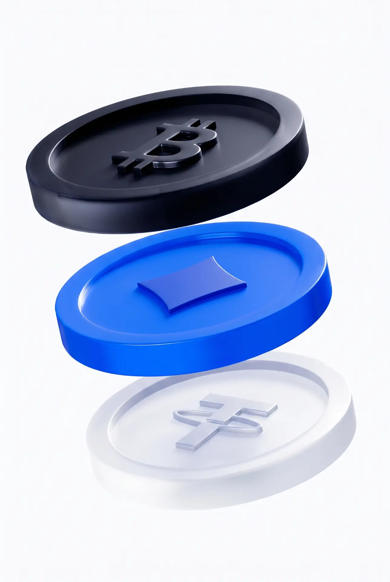 Black, blue and white coins with bitcoin, tether and dollar symbols stacked in a column
